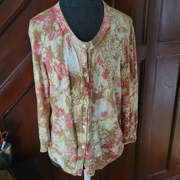 Talbots Womens Floral Cardigan Sweater L Beige & Pink Beaded Accents - Picture 1 of 9